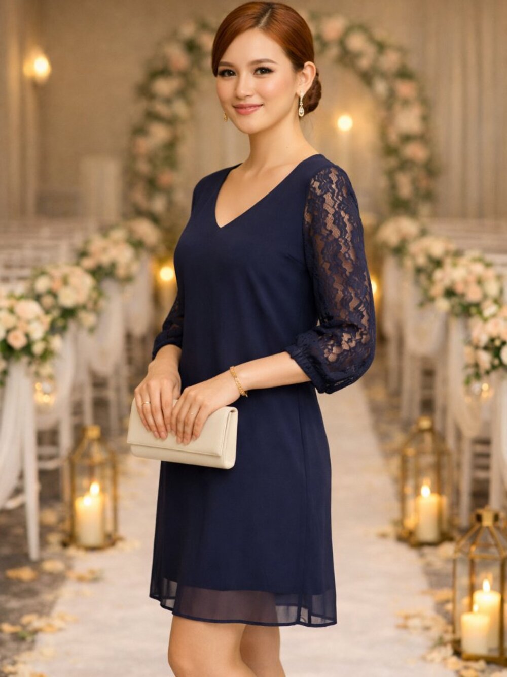 Emerald Sundae 3/4  Sheer Lace Sleeve  Deep V Navy Blue Dress Size Medium